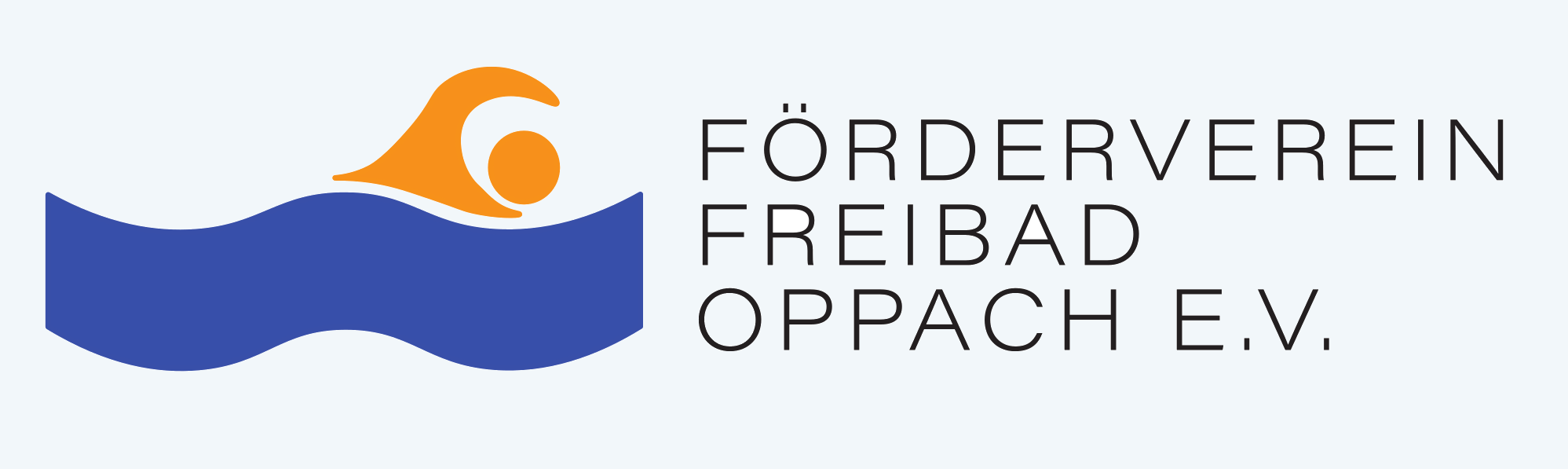 Logo mit einem stilisierten orangefarbenen Schwimmer über blauen Wellen auf der linken Seite und dem Text FÖRDERVEREIN FREIBAD OPPACH E.V. in Großbuchstaben auf der rechten Seite vor einem hellen Hintergrund.