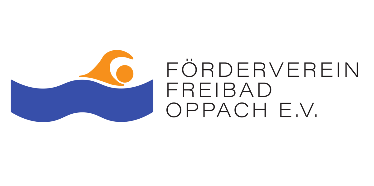 Logo mit einem stilisierten orangefarbenen Schwimmer über blauen Wellen, daneben der Text FÖRDERVEREIN FREIBAD OPPACH E.V. auf weißem Hintergrund.